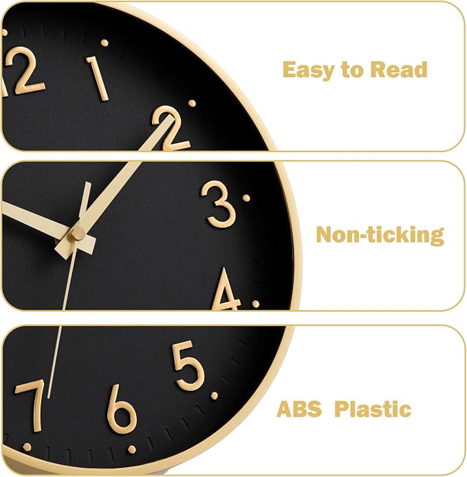 Mosewa Small 8 Inch Wall Clock Battery Operated Silent Non Ticking Analog | Black Gold modern clock; oversized 3D easy-read dial for kitchen, bedroom & office; 1 AA battery (not included)