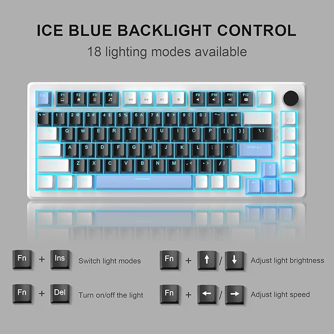 MageGee 75% Mechanical Gaming Keyboard, Compact Blue Backlit Wired Gaming Keyboards with Black Switches, EVA Foam, Knob Control, STAR75 Portable NKRO PC Gaming Keyboard - Black & Blue