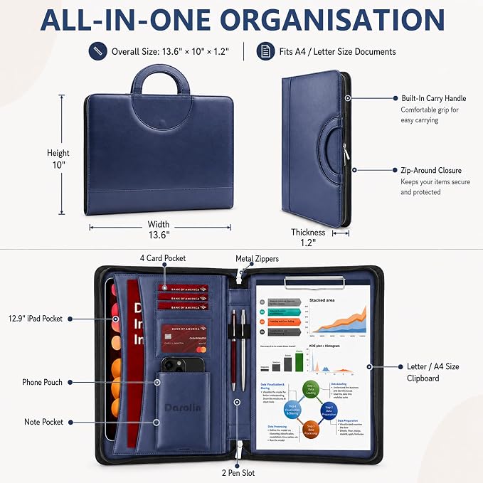 Darolin Vegan Leather Padfolio Portfolio with Handle, Zipper -Blue | Business Portfolio Organizer for Meetings, Interviews, Travel, Resume, Clipboard Fits A4, Letter Size, Padfolio for Men Women