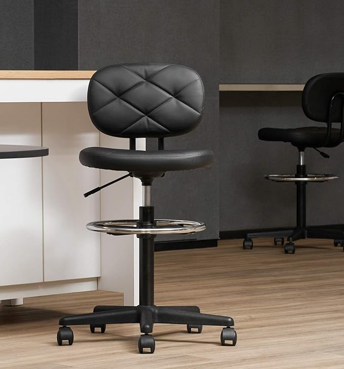 KLASIKA Tall Drafting Rolling Stool Chair with Low Back Support and Adjustable Foot Rest Ring Set of 2 PU Leather Vinly Wide Seat Swivel Standing Desk Chair for Office Home 2 Pack