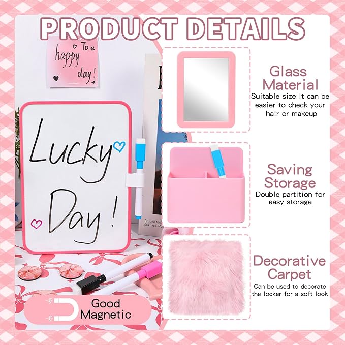 14 PCS Pink Locker Accessories Kit Back to School Locker Decorations Supplies for Girls with Locker Shelf Magnetic Wallpaper Whiteboard Mirror Organizer Markers Rug String Lights and Cute Bow Magnet