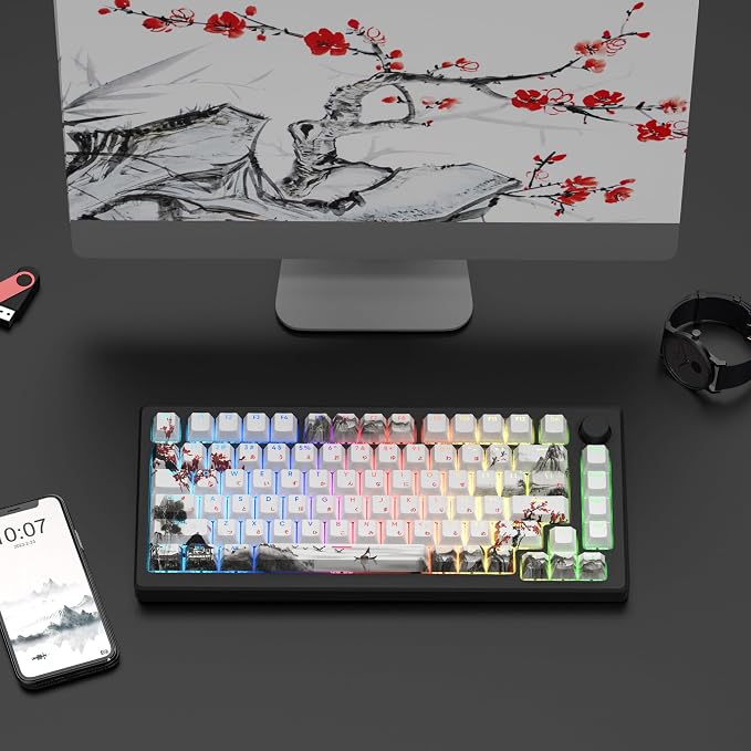 Womier PBT Keycaps Set 130 Keys, Custom White Japanese Keyboard Doubleshot Dye Sub Side Print Shine Through Keycaps 60 65 75 100 Percent, Cherry Profile