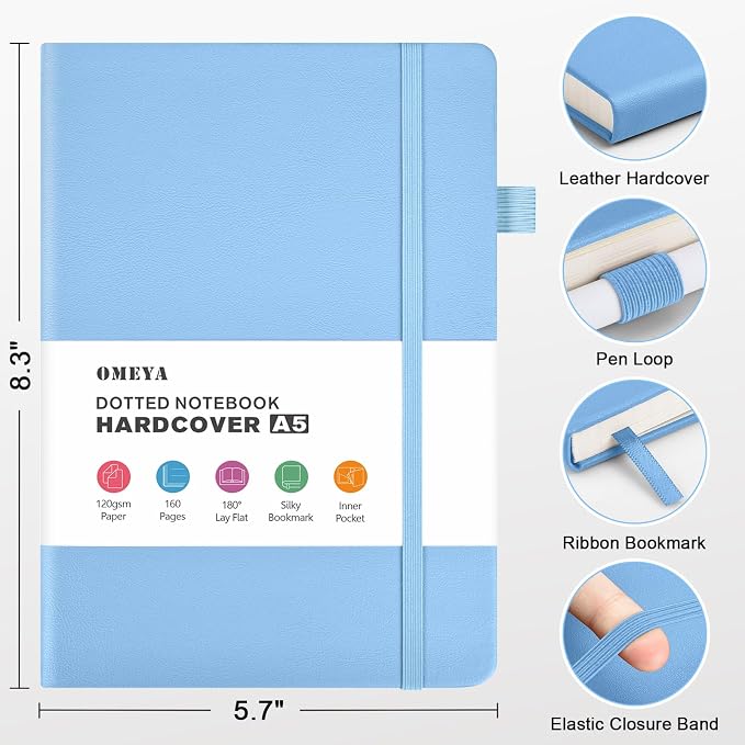 OMEYA Bullet Dotted Journal Notebook 4 Pack: 160 Pages Per Pack, A5 Medium Size(5.75" × 8.38"), 120 GSM Thick Paper, Leather Dotted Notebook, Hardcover Dot Grid Notebook, Dot Journal for Wrting, Gift