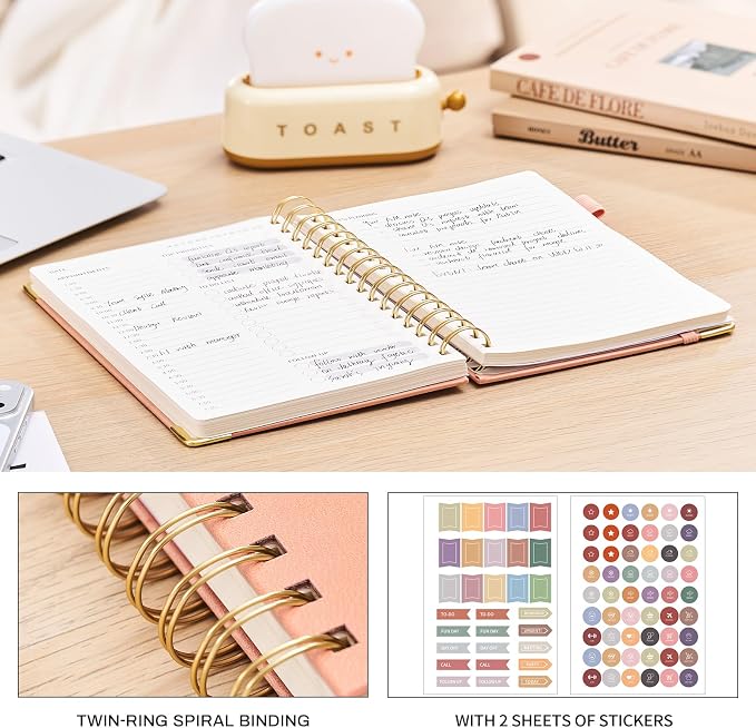 Ovesmusl Undated Daily Planner - 126 Days Hourly Schedule & To Do List - A5 PU Leather Hardcover Spiral Notebook planner with stickers, Metal Corner Protectors & Back Pocket for Work & School, Pink