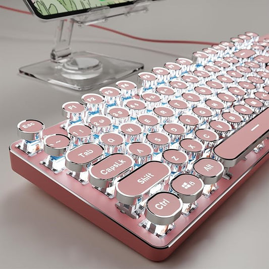 EWEADN TK100 Typewriter Keyboard Wired Mechanical Keyboard, 104 Keys Aesthetic Typewriter Keyboards with White Backlit, Anti-Ghosting, Blue Switch Wired Cute Keyboards-Pink