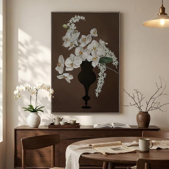 Framed Vintage Floral Vertical Wall Art, Retro White Orchid Flower Canvas Artwork for Kitchen, Classical Moody Dark Botanical Painting Prints for Bedroom Dining Room Living Room Bar Wall decor, 24x36