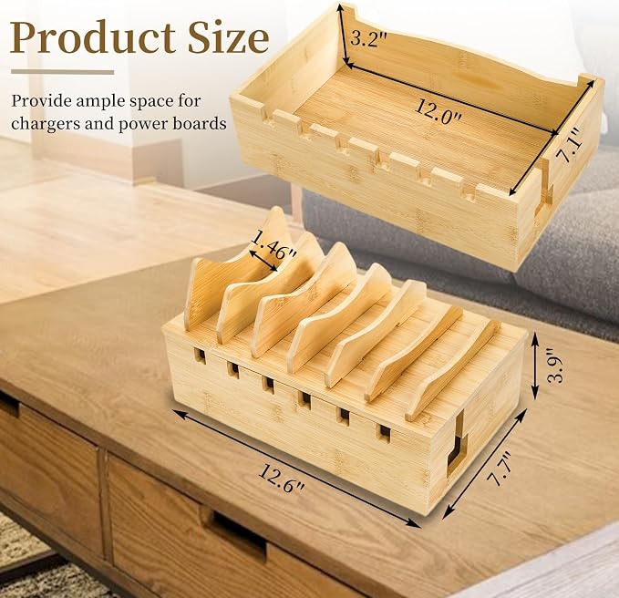 WRINGKIT Bamboo Charging Station for Multiple Devices, Hold 6 Devices | Desktop Charging Docking Stations Organizer with Removable Divider Slots, Compatible with Tablets, iPads, Cell Phone, Laptop