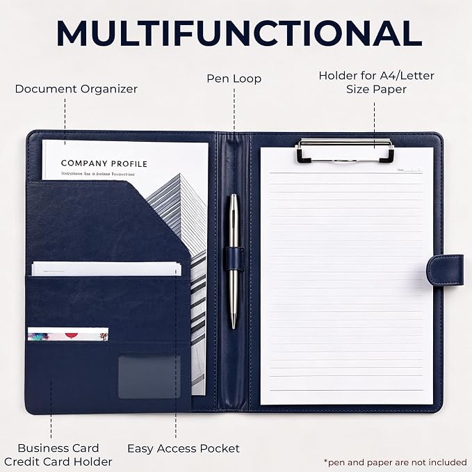 Professional Padfolio with Clipboard, Faux Leather Portfolio Folder Binder, Legal Pad Holder for A4 Letter Size Notepad, Resume, Writing Pad, Ideal Organizer for Business Office Conference (Blue)