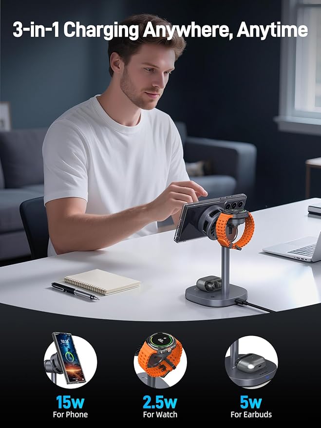 3 in 1 Magnetic Charging Station for Samsung, Qi2 Certified Phone-Cooling Magsafe Wireless Charger for Samsung Galaxy S26 Ultra/S25/Z Fold 7/Flip 7, Galaxy Watch 8/Ultra/7/6/5, Galaxy Buds4 Pro