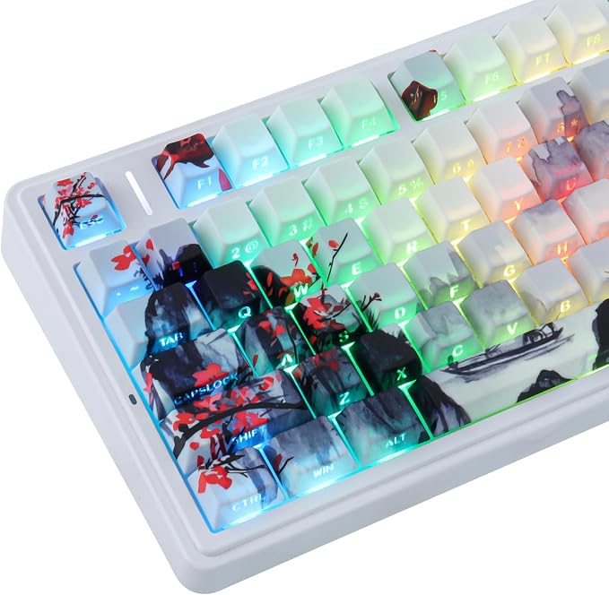 JOMKIZ Ink Painting Keycaps, Red Plum Blossom Landscape Cherry Profile Custom Keycap Set, 130-Key PBT Side-Printed Shine-Through Keycaps for Mechanical Keyboards