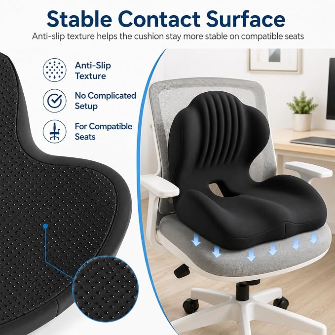 2-in-1 Ergonomic Seat Cushion with Lumbar Support, L-Shaped Memory Foam Chair Cushion with Hollow Center, Five-Zone Sitting Support for Office Chair, Car, Truck, Gaming, Wheelchair, Long Sitting
