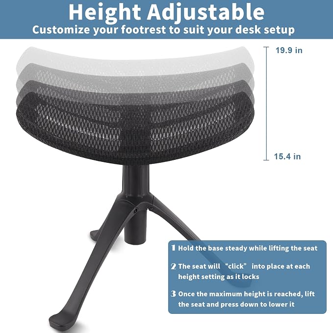 Under Desk Footrest, 2-in-1 Height Adjustable Rotatable Ergonomic Under Desk Foot Rest Ottoman, Rolling Leg Rest Stool with Breathable Mesh and Nylon Frame for Home Office
