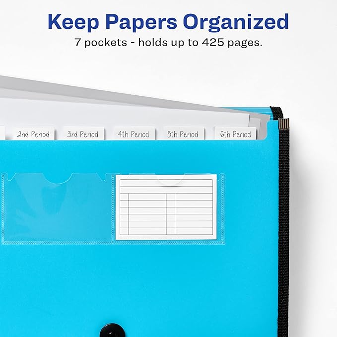 Avery Expanding File Folder Organizer, 7-Pocket Accordion File Organizer, Aqua, Holds 425 Letter/A4-Size Sheets (73551)