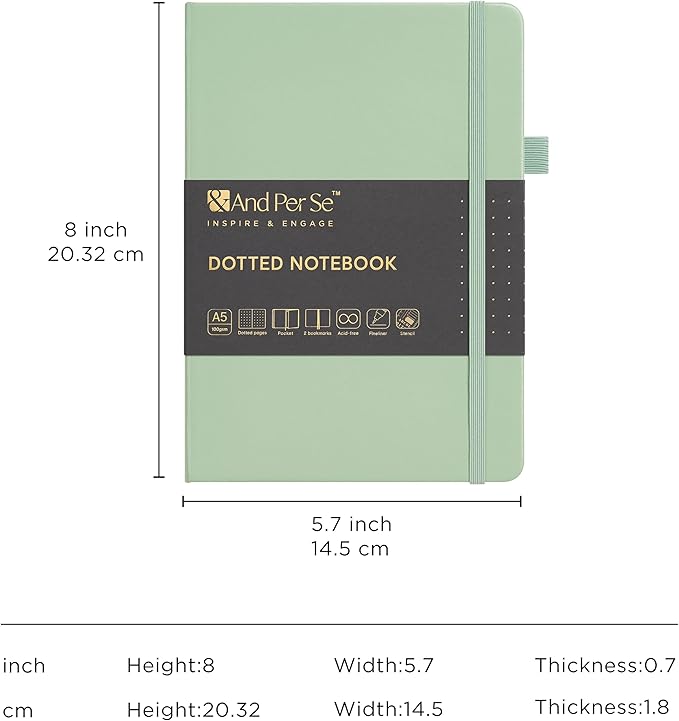 &And Per Se A5 Hardcover Dotted Notebook Kit for Beginners – 176 Numbered Pages, 100gsm Thick Paper, Includes Stencils & Fineliner Pen | Leather Bullet Journal with Templates, Lay Flat Design, Premium Gift for Women Men (Light Green)