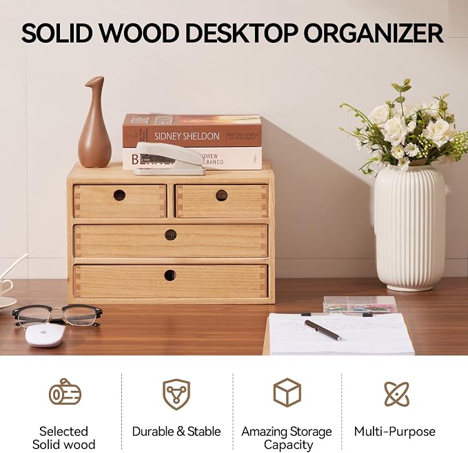KIRIGEN Wood Desk Organizer with 4 Drawers, Desktop Storage, Natural 34-NA | 3-Tier Solid Wood Cabinet Holds Letter-Size Paper, Mail, Makeup, Crafts, and Home Office Supplies, Fully Assembled