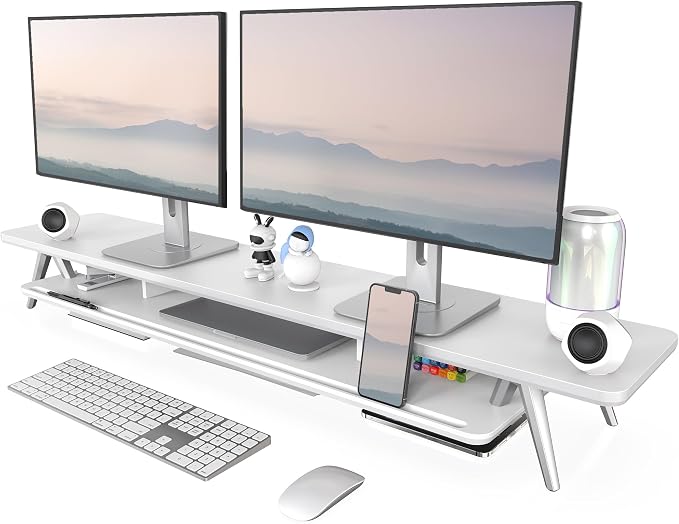 Fenge Dual Monitor Stand Riser, Wooden Desk Shelf with 2-Tier Storage | 47.3-Inch Extra Wide, Sturdy Aluminum Legs, Built-In Phone & Tablet Slot, Desktop Organizer for Office Accessories