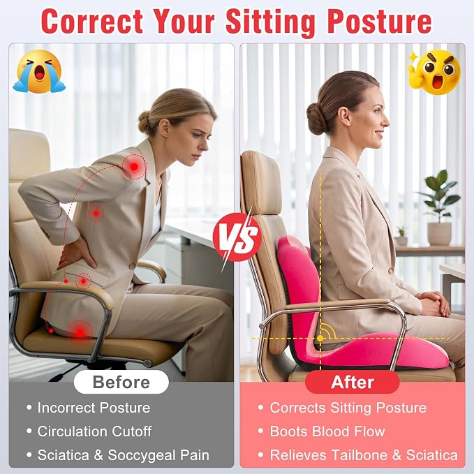 Car Seat Cushion with Lumbar Support Pillow, Memory Foam Office Chair Cushion for Back Pain Sciatica Pain Relief, Ergonomic L-Shaped Seat Cushion for Car Truck Driving Office Chair Home (Pink)