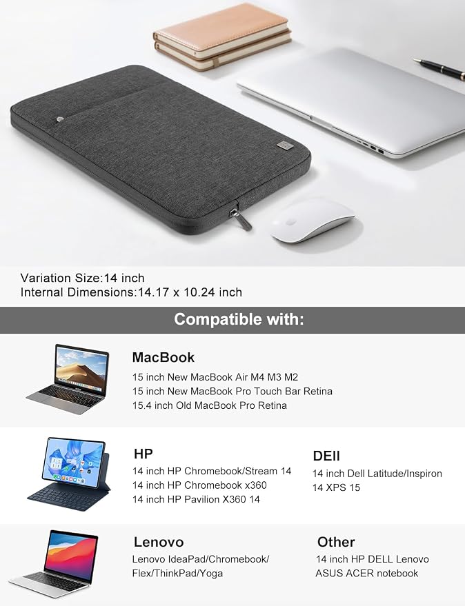 DOMISO Laptop Case Laptop Sleeve Cover Compatible with 15 inch MacBook Air M4/A3241 2025, M3/A3114,M2/A2941,15 inch MacBook Pro A1990 A1707,Compatible with Dell XPS 15 Plus with Pocket, Dark Grey