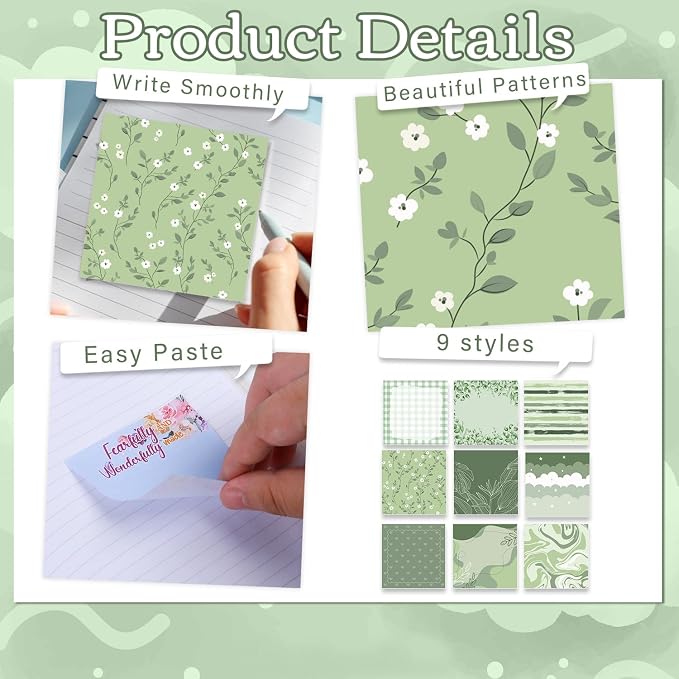 Aesthetic Sticky Notes Gifts, 9 Pack Green Aesthetic Notepads 3x3 Inch Gifts for Coworkers Students, Pastel Green Memo Pads Office School Supplies for Men Women (450 Sheets)