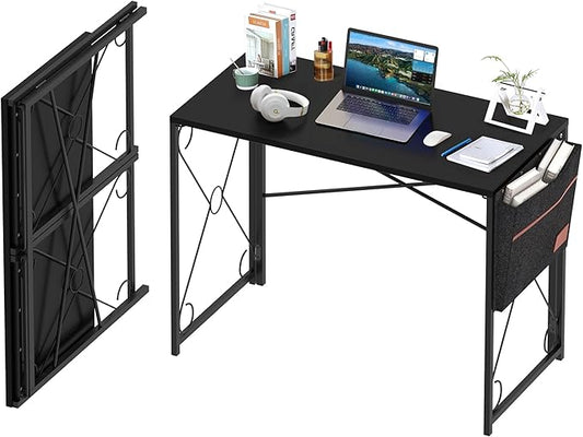 VECELO Folding Desk with Storage Bag 39 Inch Writing Desk Home Office Sturdy Steel Laptop Table for Home Office Work Dark Black