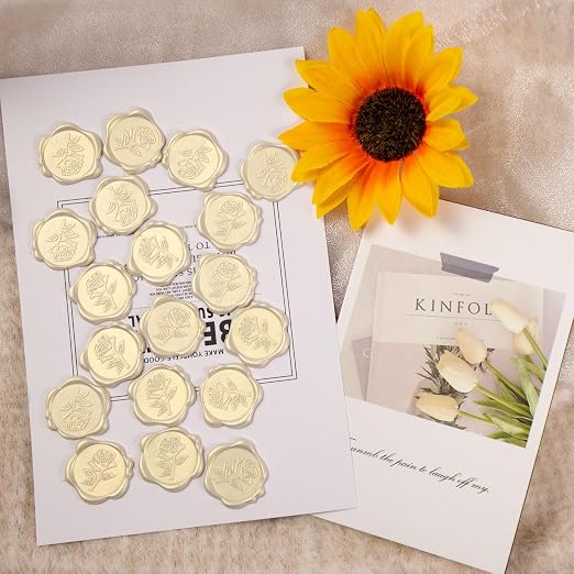 50 Pcs Ivory White Rose Style Wax Seal Stickers, Self Adhesive Wax Seal for Wedding Invitation, Easy Use Good Adhesion, Ivory White Rose Envelope Stickers Perfect for Invitation