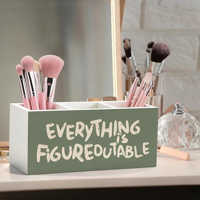 Everything Is Figureoutable Inspirational Pen Pencil Utensil Holder | Green Motivational Wood Desk Organizer and Accessories, Makeup Brush Holder for Bathroom Vanity