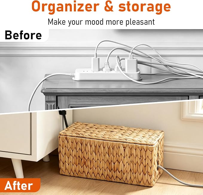 Cable Management Box, Small Cord Organizer Box for Power Strip | Handwoven Water Hyacinth Storage Basket with Metal Frame, Decorative Cable Organizer for Desk, Office, Living Room & Bedroom