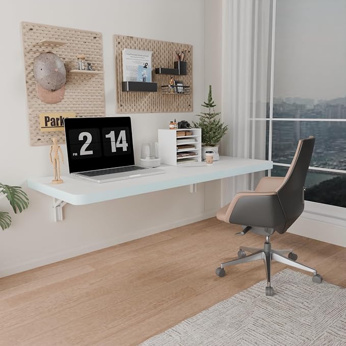 IAE Wall Mounted Folding Table with Pine Wood,36" x 14" Floating Wall Desk,Laundry Folding Table with Shelf Brackets,Fold Down Desk Shelf,Fold Workbench for Apartments,Home,Laundry Room,Kitchen,White