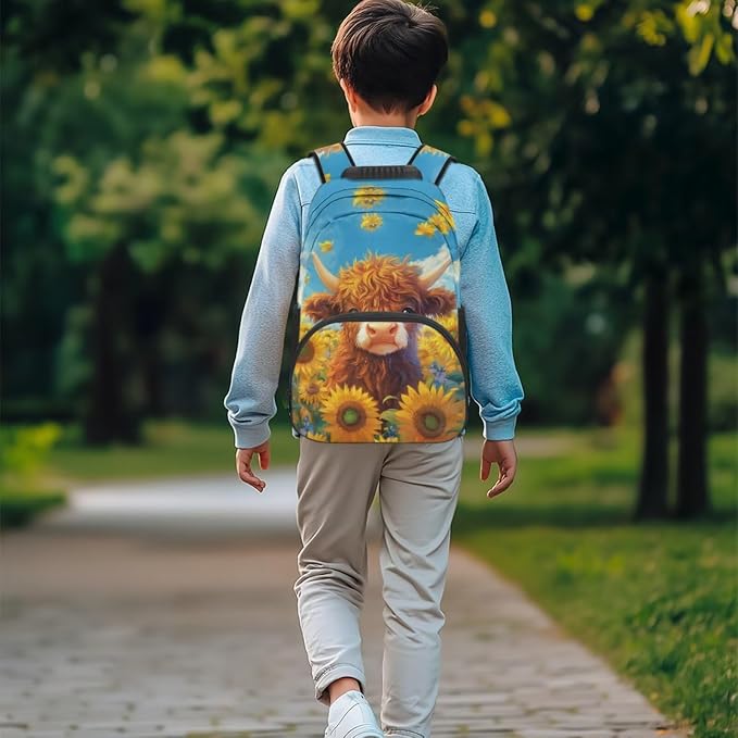 ZFRXIGN Highland Cow Kids Backpack for Boys Bookbag with Pendant 17inch Elementary School Girls Bag and Insulated Lunch Box Portable Pencil Case Blue Sunflower