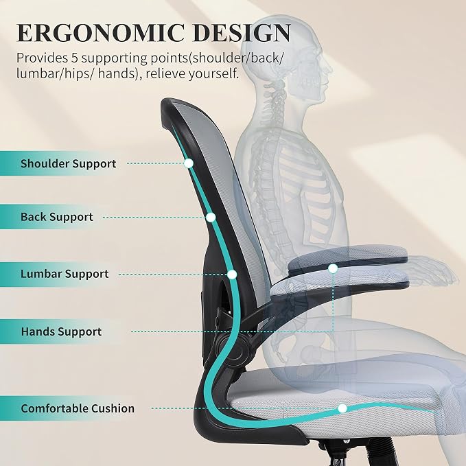 Flysky Mesh Office Chair, Ergonomic Computer Desk Chairs for Home Office - with Comfy/Comfortable Flip-up Arm Rests, Lumbar Support, Height Adjustable, 360 Degree Rolling Swivel (Gray, 1 Pack)