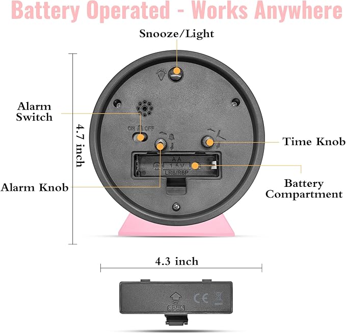 4.5 Inch Small Pink Analog Alarm Clock, Retro Battery Operated Desk Clock with Night Light Stays On 4 Seconds Vintage Metal Table Clock for Bedside, Nightstand, Bedroom, Office, Bathroom - Pink