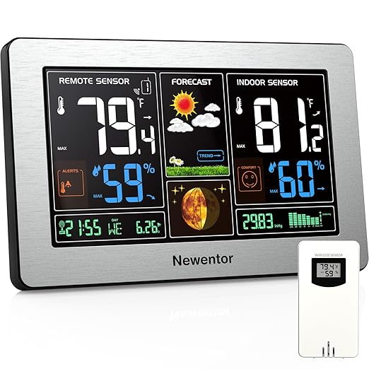 Newentor Weather Station Wireless Indoor Outdoor Thermometer,Sliver,1Sensor | Color Display Digital Weather Thermometer with Atomic Clock, Barometric Pressure, Forecast Station with Adjustable Backlight