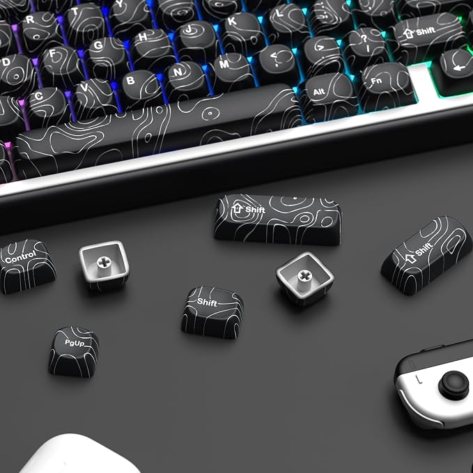 dagaladoo Black Topographic Keycaps Set,MOA Profile PBT Key caps100 Percent,Dye-Sub 129-key Custom Keyboard Keycap for 100% 75% 65% 60% TKL US Layout Mechanical Keyboard