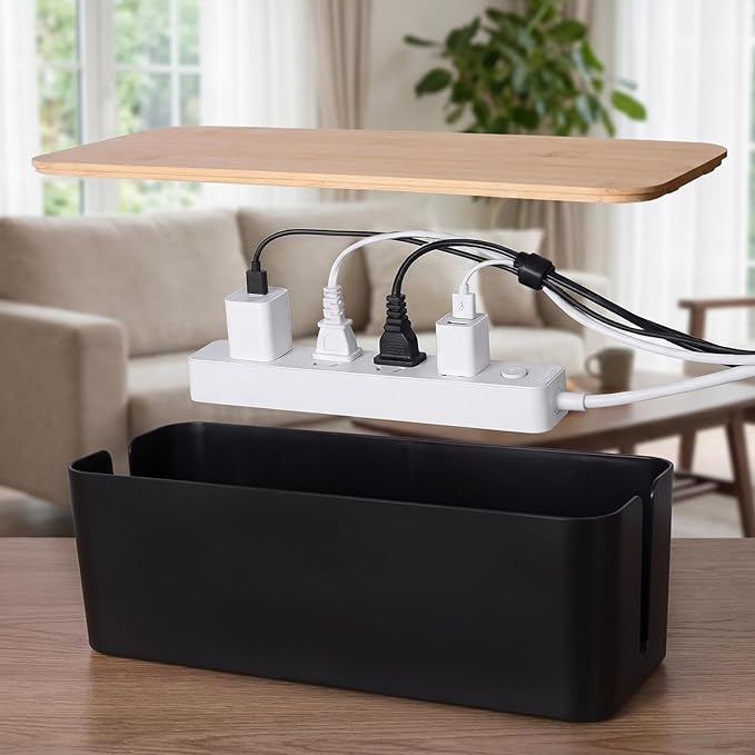 2 Pack Cable Management Box - Cord Organizer Box with Wooden Lid for TV Wires, Power Strips, Router, USB Hub & Under Desk Power: Baby & Pet Proof Cord Management, Cord Hider for Home & Office(Black)
