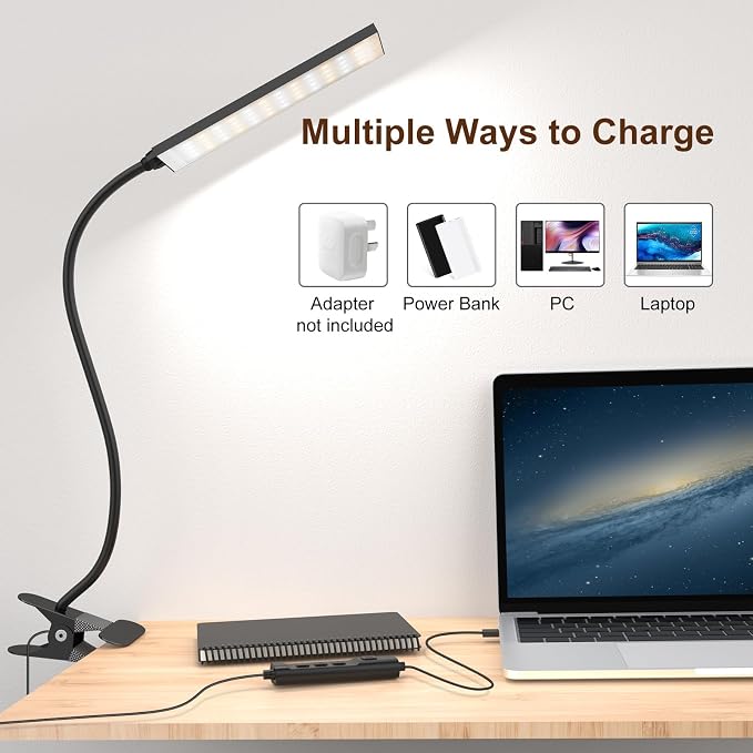 Clip on Desk Lamp, 5W LED Reading Light, 400 Lumens Book Light, 3 Color Modes 6 Brightness Levels, USB Powered Adjustable Neck Lamp for Desk, Bedside, Study, Office