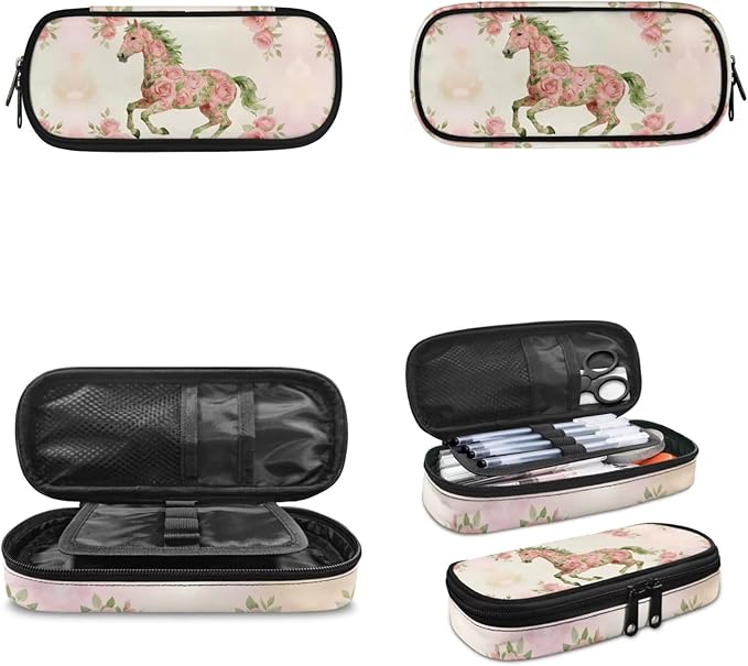 Horse Rose Bookbag Kids 3 in 1 School Backpack with Lunch Bag Pencil Bag Set for Girls Lightweight Elementary Middle School Bags