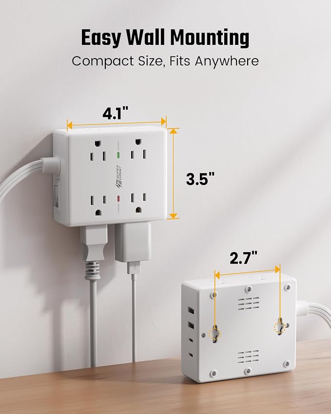 25Ft Long Extension Cord, Flat Plug Power Strip with 8 Outlets & 4 USB Ports (2 USB C), Wall Mountable Surge Protector, Desk Charging Station for Home Office, Dorm Room Essentials