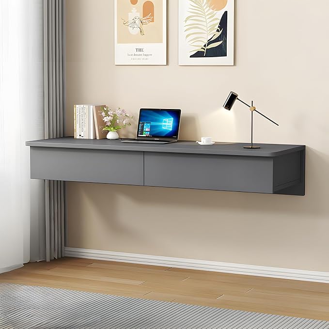 Floating Desk with Drawers, Wood Wall Mounted Desk, Floating Makeup Vanity, Space Saving, Sturdy and Stable, Floating Table for Living Room, Bedroom, Home, Office, Grey