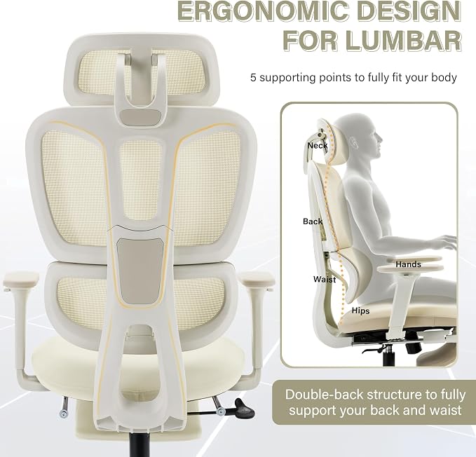 Ergonomic Office Chair with Retractable Footrest, Cream | High Back Design, Dynamic Lumbar Support, 2D Headrest & 2D Armrests, Breathable Mesh Back for Home Office