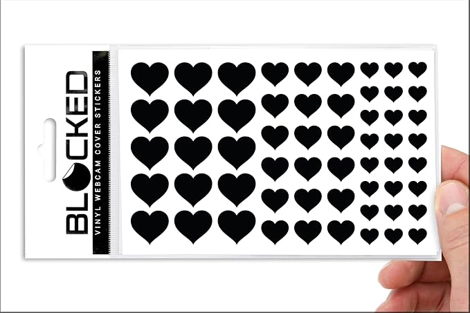 Blocked Original Vinyl Webcam Cover Stickers | Restickable & Stackable Privacy Covers | for All Camera-endable Devices | 3-Sizes | 57 Black Hearts (Muted Matte)