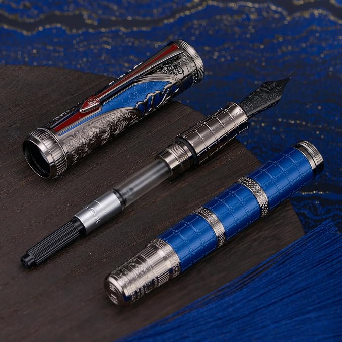 Hongdian D5X Fountain Pen Blue Color Extra Fine Nib, Qin Dynasty Retro Chinese Totem Engraving Smooth Writing Pen with Converter and Pen Box Set