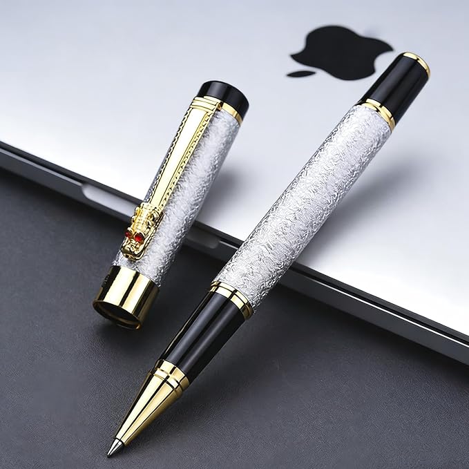 Fancy Pens for Women, Nice Rollerball Pens with Dragon Design, Elegant Gift Pen, Office & Signature Writing Pen, Refillable Black Ink Business Pen (White)