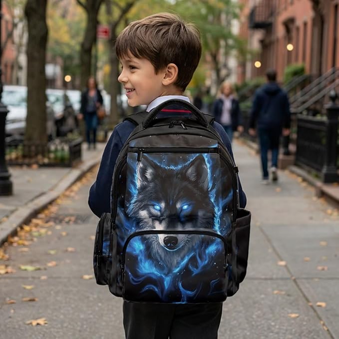 Cool Wolf Backpack with Lunchbox for School Boys Bookbag 4-in-1 Set with Lunch Box Water Bottle Sleeve Pencil Case Back to School Supplies Birthday Present for Kids