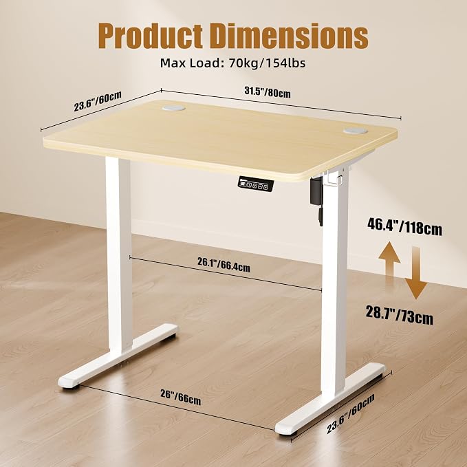Small Standing Desk, 32"x24" Height Adjustable Sit-Stand, Home Office, Oak | Electric Adjustable Standing Desk, Sit to Stand Computer Office Desk with Splice Board, Memory Preset, Lifts 28.7''-46.5"