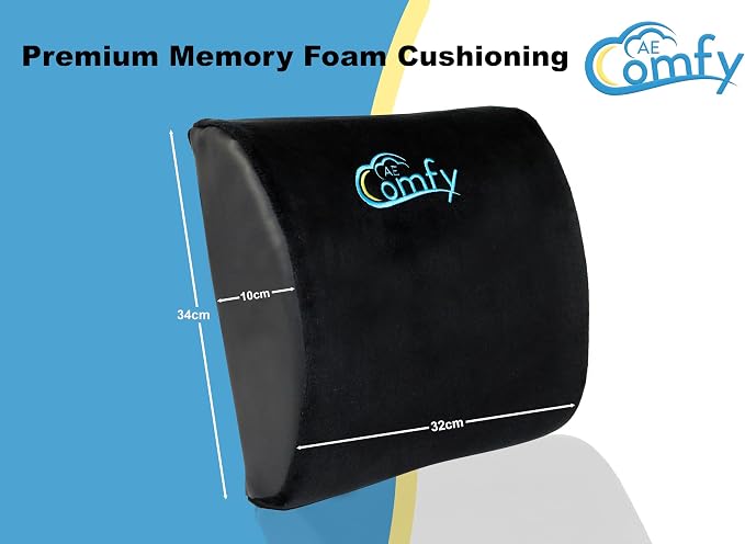 Premium AE Comfy Lumbar Support Pillow – Memory Foam Back Cushion for Office Chair, Car, or Gaming Chair – Ergonomic Lower Back Support for Pain Relief with Adjustable Removable Straps