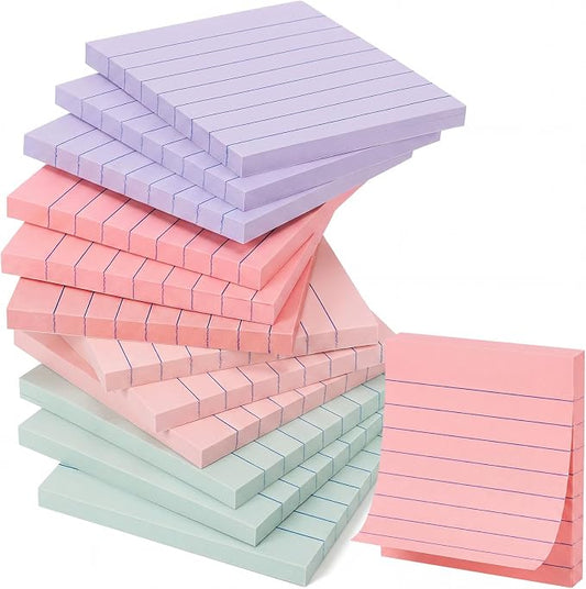 AmazingSpark 12 Pack Lined Sticky Notes 3x3 inch Post Ruled Stickies Super Self Stick Power Memo Pads Multi Colors Notes Pads Vintage Aesthetic School Office Supplies Accessories(Macarons)