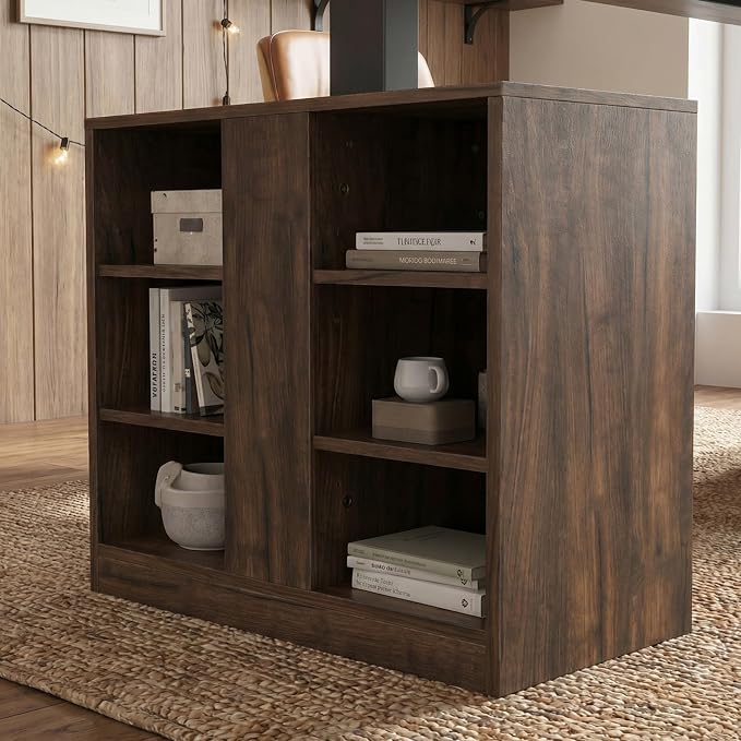 MOUMON 63" Executive Standing Desk with Storage Pedestals and LED Lights, Electric Height Adjustable Desk with Shelves and Built-in Outlets, Walnut and Black 63" W x 27.6" D x 29.4"-46.9" H
