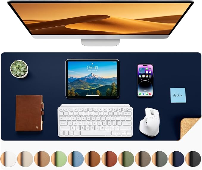 Aothia Dual-Sided Desk Mat, FSC Cork & PU Leather Desk Pad, Large Mouse Pad & Writing Surface for Daily Workspace Setup, Non-Slip Waterproof Desk Protector - 35.4" x 15.7", Dark Blue