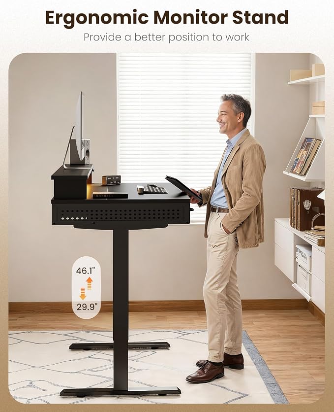 OffiGo 48 Inch Electric Standing Desk, Black, 3 Wood Drawers, Monitor Stand | 3 Outlets & 2 USB Ports, 20 LED Modes, 3 Memory Heights, 29.9"-46.1" in Range, Cable Management Tray, 154 lb Capacity