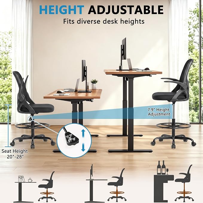Kensaker Drafting Chair Tall Office Chair, Ergonomic Standing Desk Chair with Adjustable Foot Ring and Flip-up Armrests, Mesh Computer Chair for Art Studio, 300 LBS, Black